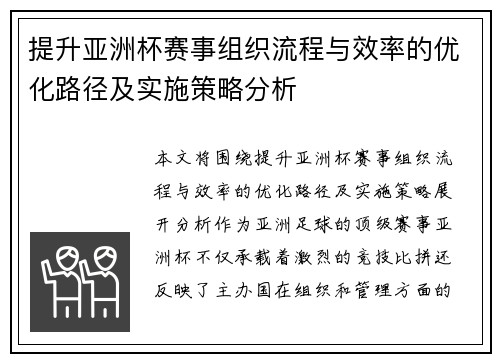 提升亚洲杯赛事组织流程与效率的优化路径及实施策略分析