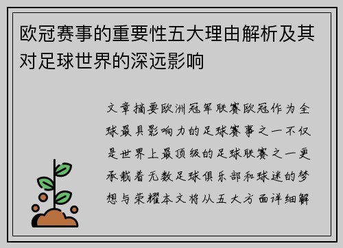 欧冠赛事的重要性五大理由解析及其对足球世界的深远影响 欧冠赛事的重要性五大理由解析及其对足球世界的深远影响