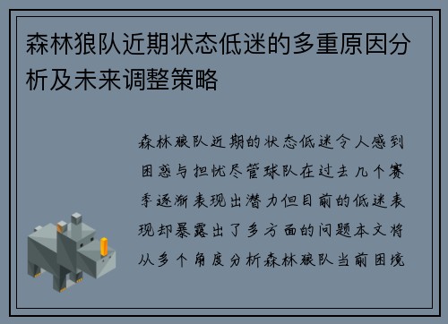 森林狼队近期状态低迷的多重原因分析及未来调整策略