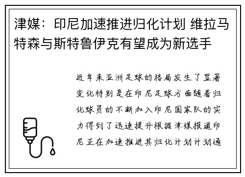 津媒：印尼加速推进归化计划 维拉马特森与斯特鲁伊克有望成为新选手