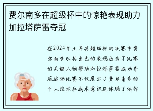费尔南多在超级杯中的惊艳表现助力加拉塔萨雷夺冠